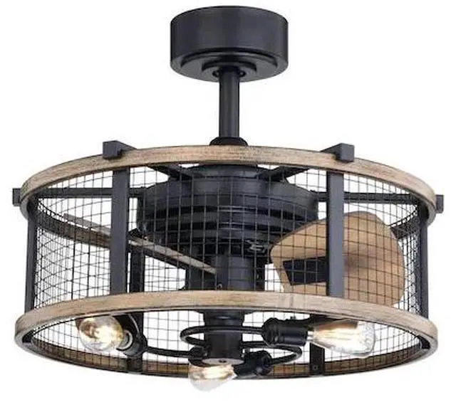 Alt view image 2 of 8 - Humboldt Bronze and Teak Industrial Farmhouse Cage Ceiling Fan with LED Light Kit and Remote
