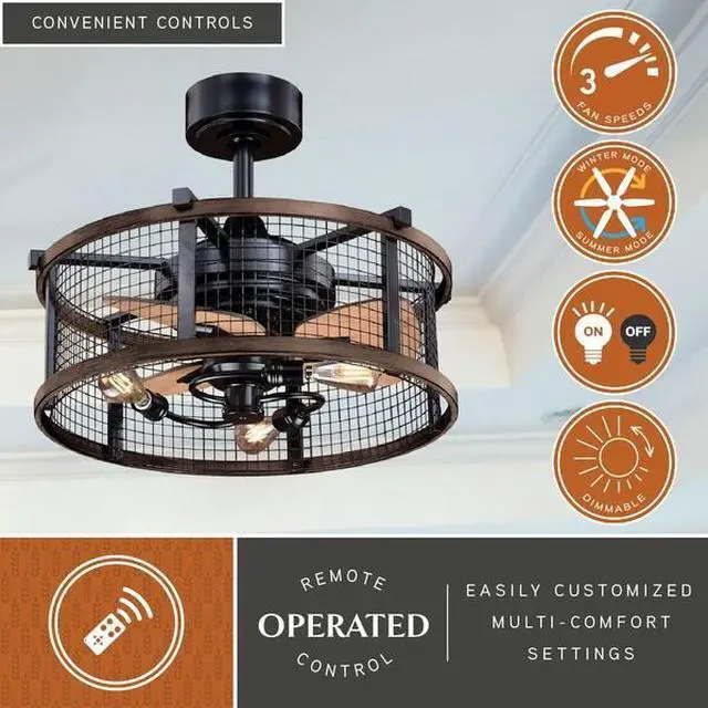 Alt view image 4 of 8 - Humboldt Bronze and Teak Industrial Farmhouse Cage Ceiling Fan with LED Light Kit and Remote