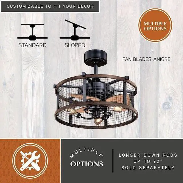 Alt view image 5 of 8 - Humboldt Bronze and Teak Industrial Farmhouse Cage Ceiling Fan with LED Light Kit and Remote
