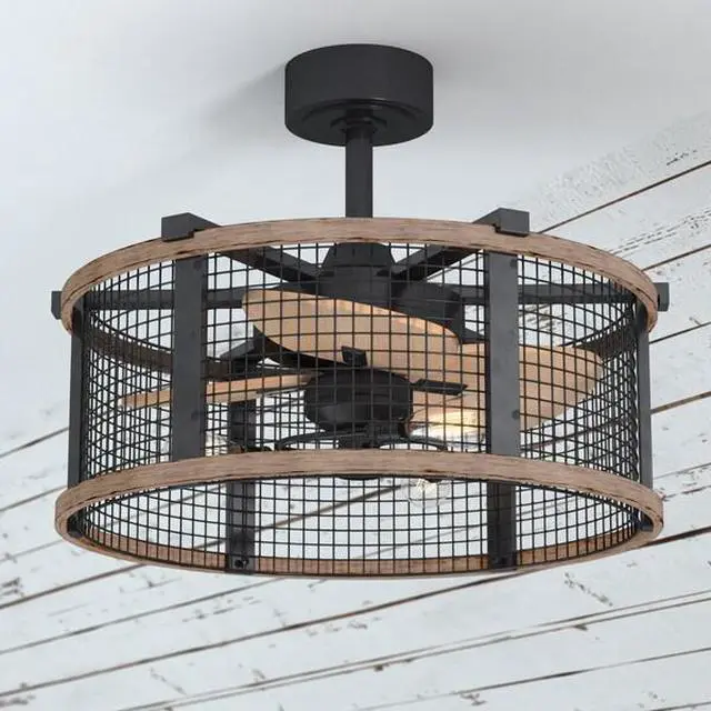 Alt view image 8 of 8 - Humboldt Bronze and Teak Industrial Farmhouse Cage Ceiling Fan with LED Light Kit and Remote