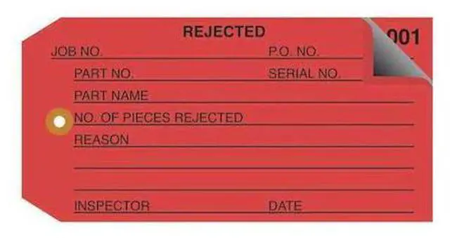 Main image of PARTNERS BRAND G21021 Inspection Tags, 2 Part, Numbered 001-499, "Rejected", 4