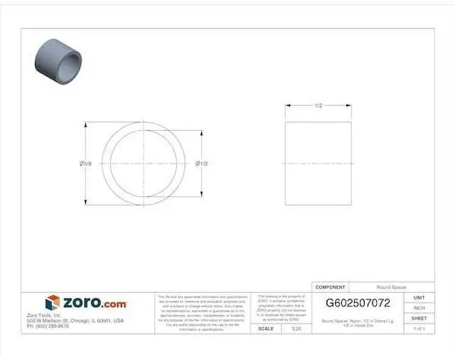 Alt view image 2 of 2 - MIDWEST FASTENER 65827 Round Spacer, Nylon, 1/2 in Overall Lg, 1/2 in Inside