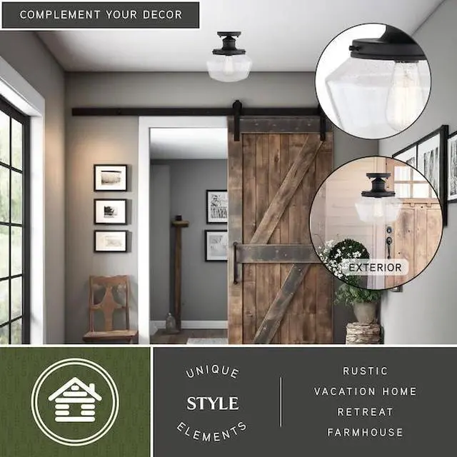 Alt view image 4 of 8 - collins Black Farmhouse Outdoor Flush Mount ceiling Light clear Schoolhouse glass