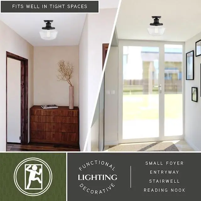 Alt view image 5 of 8 - collins Black Farmhouse Outdoor Flush Mount ceiling Light clear Schoolhouse glass