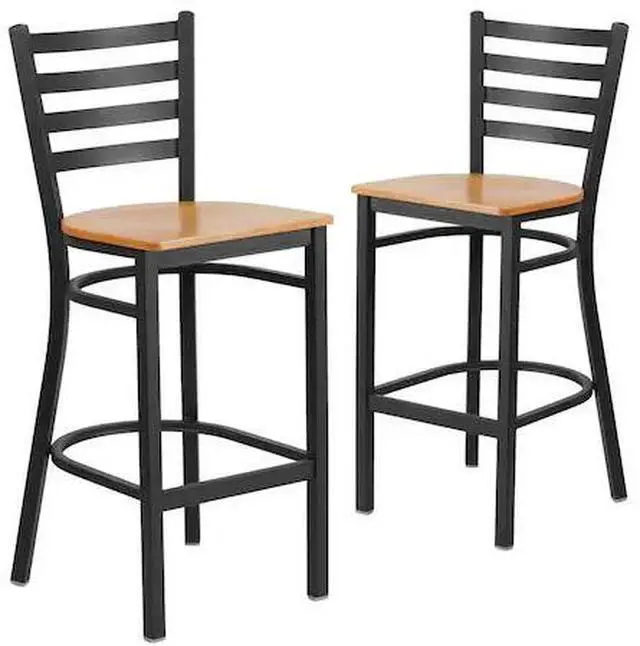 Alt view image 11 of 17 - 2 Pk. HERCULES Series Black Ladder Back Metal Restaurant Barstool - Natural Wood Seat