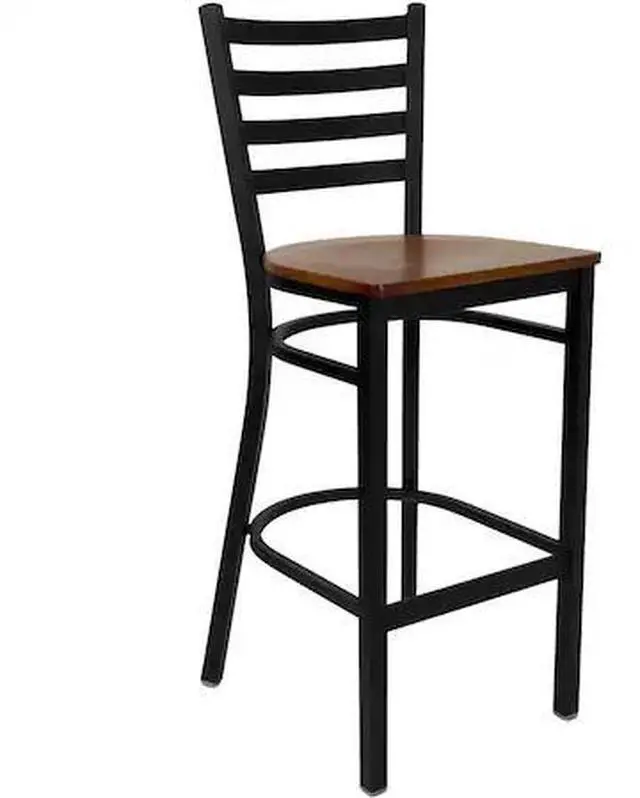Alt view image 20 of 20 - HERCULES Series Black Ladder Back Metal Restaurant Barstool - Cherry Wood Seat