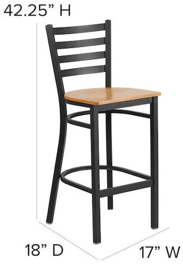 Alt view image 12 of 17 - 2 Pk. HERCULES Series Black Ladder Back Metal Restaurant Barstool - Natural Wood Seat