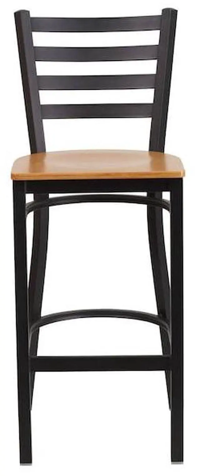 Alt view image 13 of 17 - 2 Pk. HERCULES Series Black Ladder Back Metal Restaurant Barstool - Natural Wood Seat