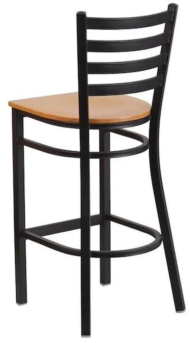 Alt view image 14 of 17 - 2 Pk. HERCULES Series Black Ladder Back Metal Restaurant Barstool - Natural Wood Seat