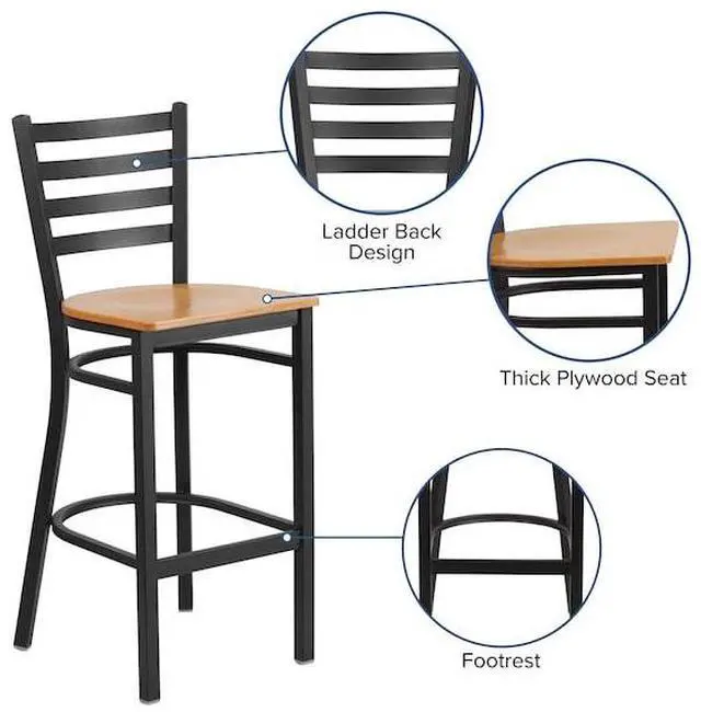 Alt view image 15 of 17 - 2 Pk. HERCULES Series Black Ladder Back Metal Restaurant Barstool - Natural Wood Seat