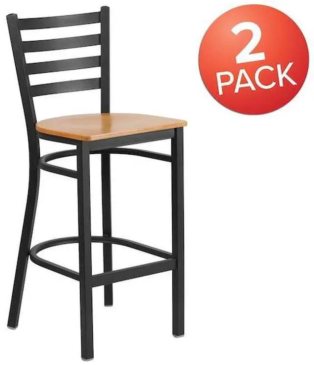 Alt view image 17 of 17 - 2 Pk. HERCULES Series Black Ladder Back Metal Restaurant Barstool - Natural Wood Seat