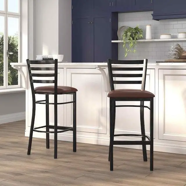 Alt view image 9 of 14 - 2 Pk. HERCULES Series Black Ladder Back Metal Restaurant Barstool - Burgundy Vinyl Seat