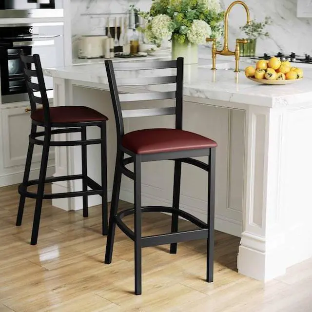 Alt view image 12 of 14 - 2 Pk. HERCULES Series Black Ladder Back Metal Restaurant Barstool - Burgundy Vinyl Seat