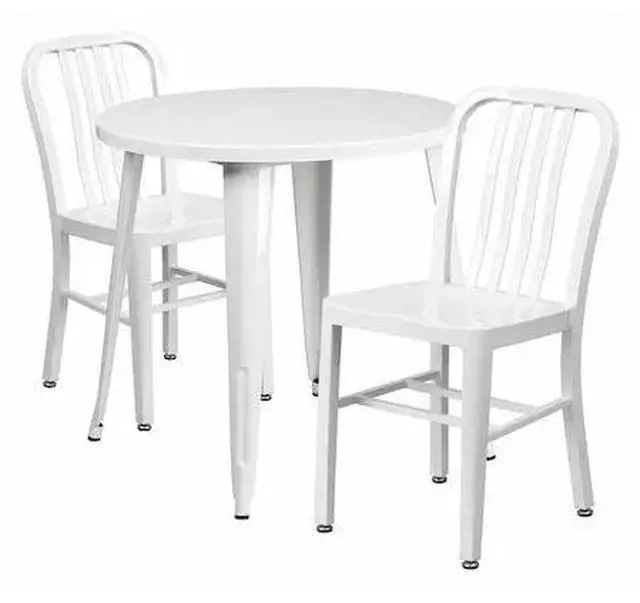 Alt view image 3 of 14 - 30'' Round White Metal Indoor-Outdoor Table Set with 2 Vertical Slat Back Chairs