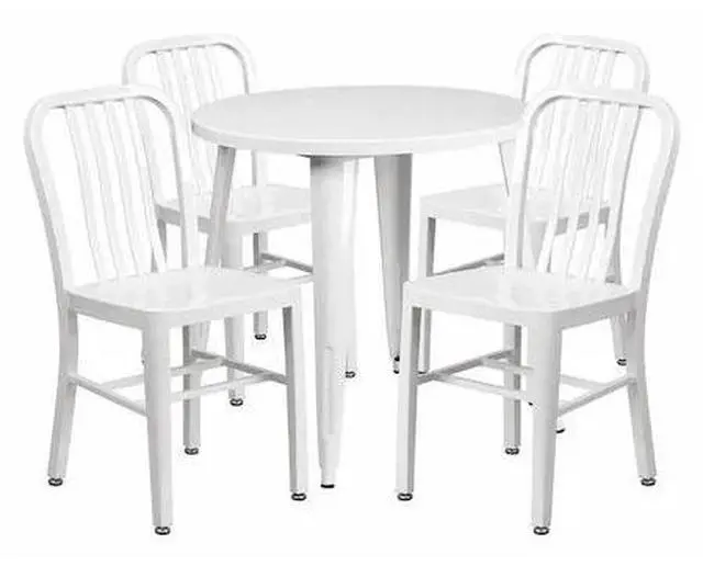 Alt view image 2 of 7 - 30'' Round White Metal Indoor-Outdoor Table Set with 4 Vertical Slat Back Chairs