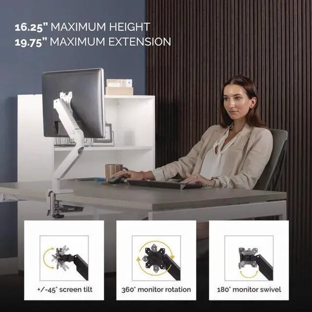 Alt view image 16 of 20 - Platinum Series Single Monitor Arm For 27" Monitors 360 deg Rotation 45 deg Tilt 180 deg Pan White Supports 20 lb 8056201