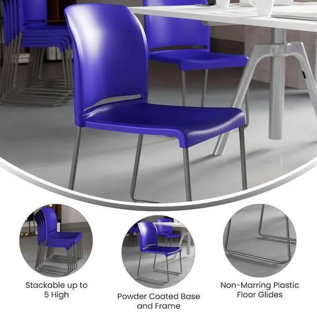 Alt view image 17 of 20 - HERCULES Series 880 lb. Capacity Blue Full Back Contoured Stack Chair with Gray Powder Coated Sled Base