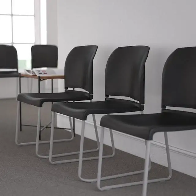 Alt view image 7 of 18 - Flash Furniture 5 Pack HERCULES Series 880 lb. Capacity Black Full Back Contoured Stack Chair with Gray Powder Coated Sled Base