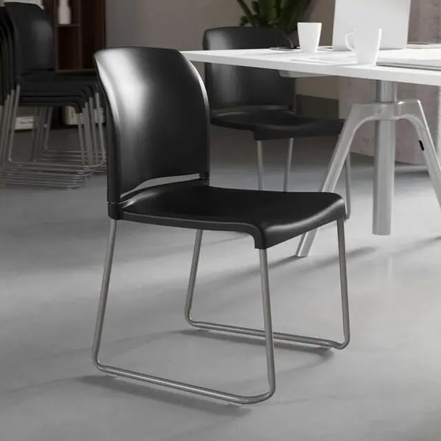 Alt view image 9 of 18 - Flash Furniture 5 Pack HERCULES Series 880 lb. Capacity Black Full Back Contoured Stack Chair with Gray Powder Coated Sled Base