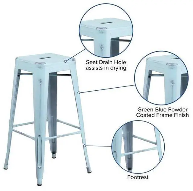 Alt view image 13 of 14 - Flash Furniture Commercial Grade 30" High Backless Distressed Green-Blue Metal Indoor-Outdoor Barstool 4 Pack (4ETBT350330DB)