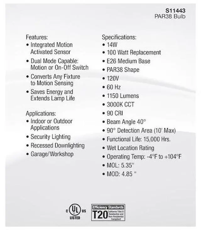 Alt view image 7 of 7 - SATCO S11443 14 Watt PAR38 LED, White, 3000K, 1100 Lumens, 120 Volt, PIR