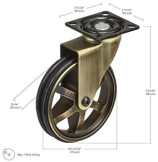Alt view image 3 of 4 - RICHELIEU 8750201AB90 Aluminum Single Wheel Vintage Caster, Swivel Without
