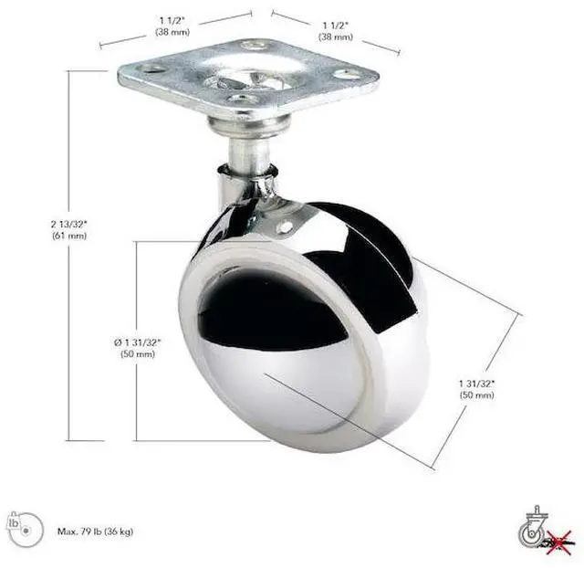 Alt view image 3 of 3 - RICHELIEU 6701140 Ball Furniture Caster, Swivel Without Brake, with Plate,