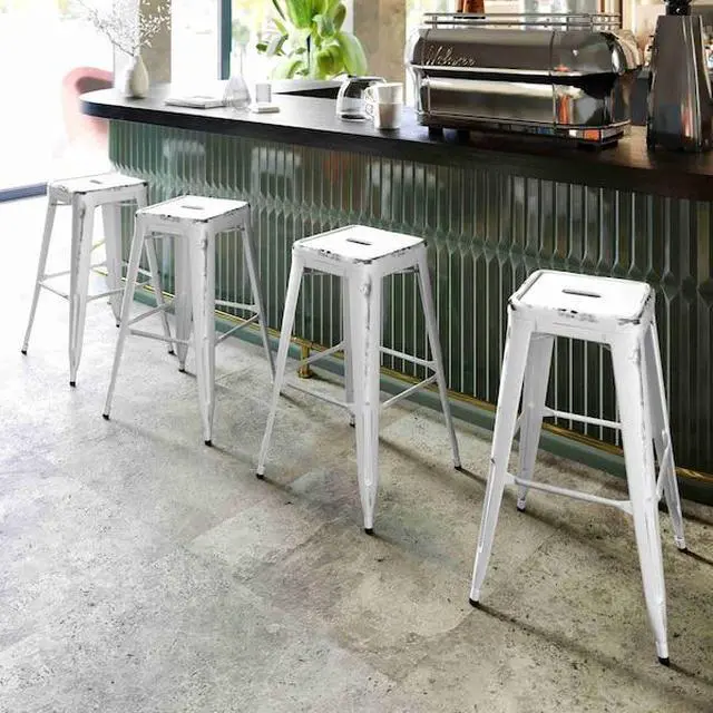 Alt view image 5 of 8 - Commercial Grade 30" High Backless Distressed White Metal Indoor-Outdoor Barstool