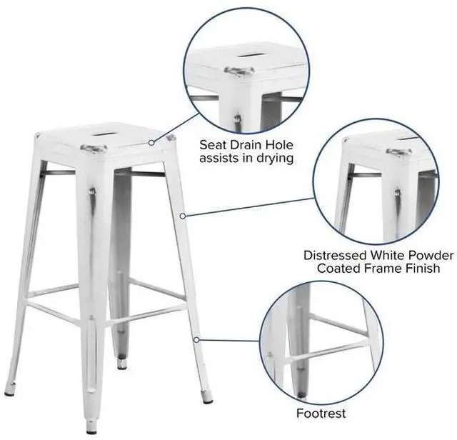 Alt view image 6 of 8 - Commercial Grade 30" High Backless Distressed White Metal Indoor-Outdoor Barstool