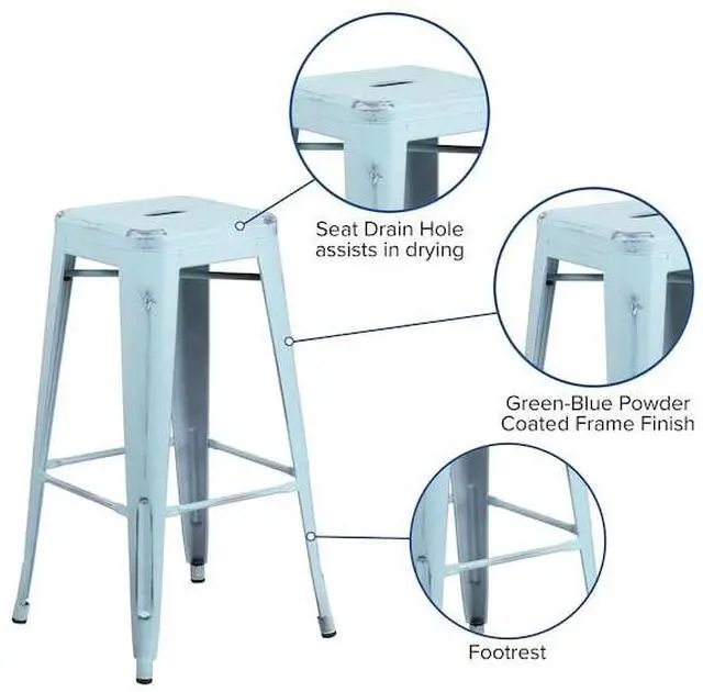 Alt view image 5 of 12 - Commercial Grade 30" High Backless Distressed Green-Blue Metal Indoor-Outdoor Barstool