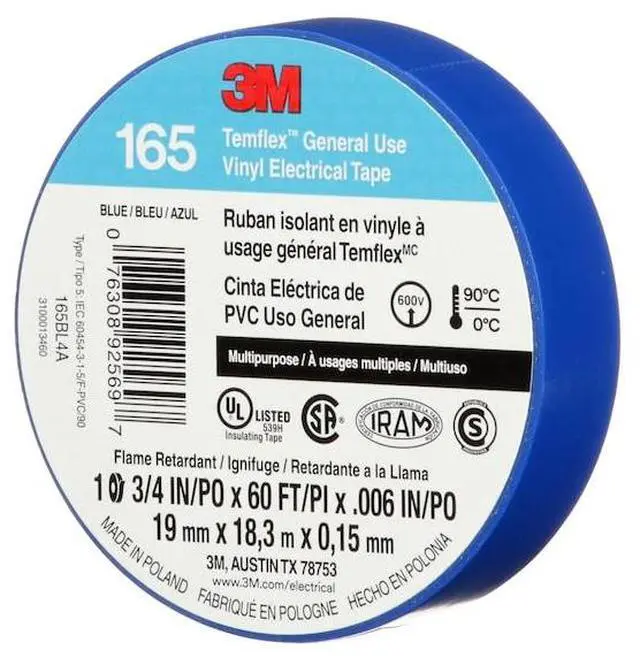 Alt view image 8 of 8 - 3M Temflex Solvent-Free Vinyl Electrical Tape [6 mil] (165): 3/4 in. x 60 ft. (Blue) *10-pack