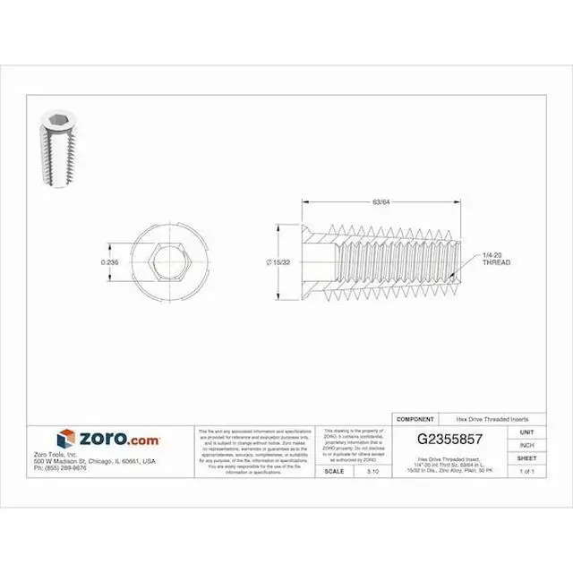 Alt view image 2 of 2 - ZORO SELECT 901420-25-PK50 Hex Drive Threaded Insert, 1/4"-20 Int Thrd Sz,