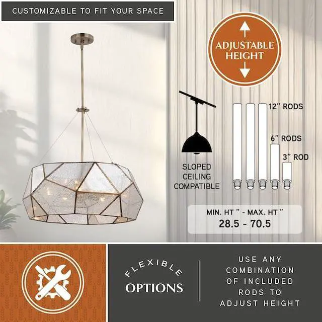 Alt view image 3 of 6 - VAXCEL P0318 Euclid 5L Brass Mid-Century Modern Pendant Light Mercury Glass