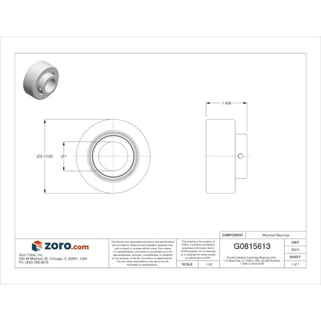 Alt view image 2 of 3 - DAYTON 3FDF1 Double Sealed Cartridge Bearing Unit, 1 in Bore Dia, 2 17/32 in