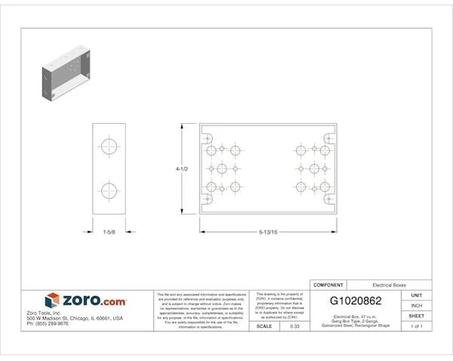 Alt view image 3 of 3 - RACO 951 Electrical Box, 47 cu in, Gang Box Type, 2 Gangs, Galvanized Steel,