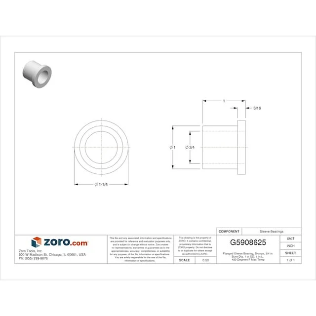 Alt view image 3 of 3 - BUNTING BEARINGS EBCF121608 Flanged Sleeve Bearing, Bronze, 3/4 in Bore Dia, 1