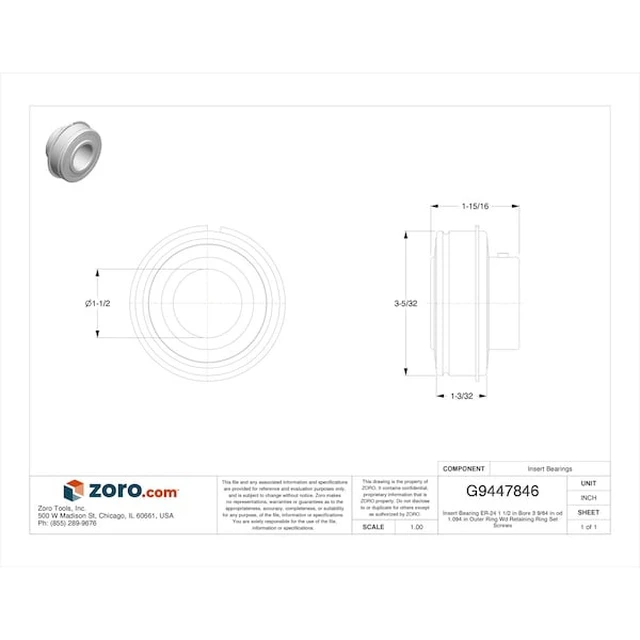 Alt view image 2 of 2 - TRITAN ER24 Insert Bearing, ER-24, 1 1/2 in Bore, 3 9/64 in OD, 1.094 in Outer