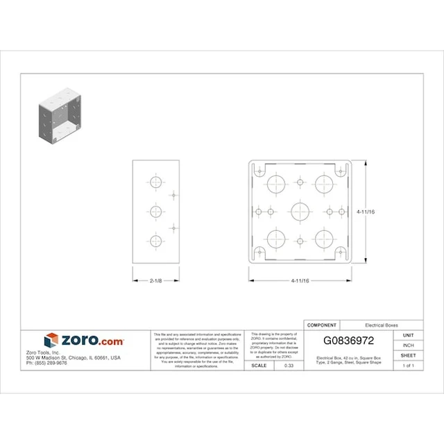 Alt view image 4 of 4 - RACO 257 Electrical Box, 42 cu in, Square Box Type, 2 Gangs, Steel, Square Shape