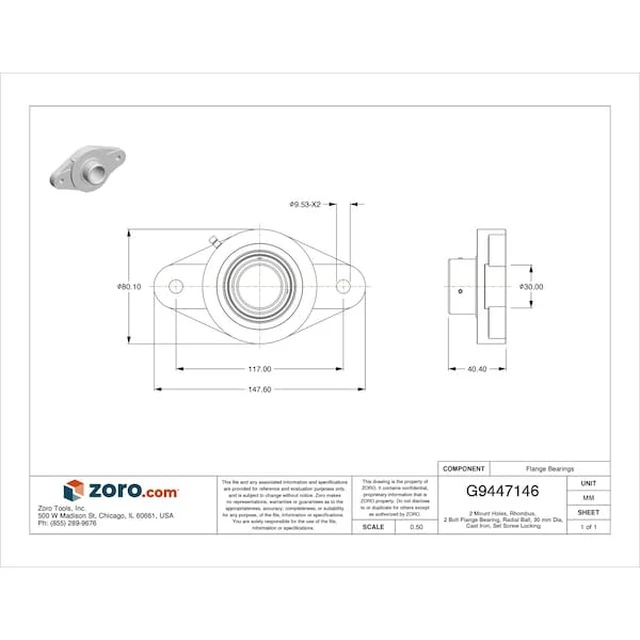 Alt view image 2 of 2 - TRITAN UCFL206-30MM 2 Mount Holes, Rhombus, 2 Bolt Flange Bearing, Radial Ball,