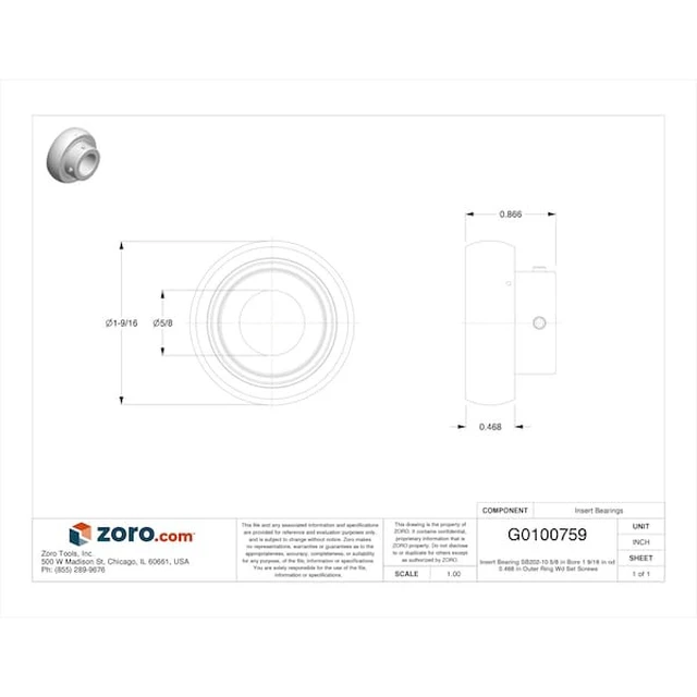 Alt view image 2 of 2 - TRITAN SB202-10 Insert Bearing, SB202-10, 5/8 in Bore, 1 9/16 in OD, 0.468 in