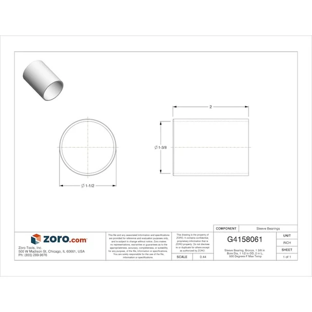 Alt view image 2 of 2 - BUNTING BEARINGS CB222416 Sleeve Bearing, Bronze, 1 3/8 in Bore Dia, 1 1/2 in