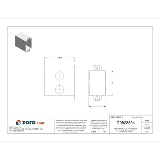 Alt view image 2 of 2 - RACO 590 Electrical Box, 18 cu in, Switch Box Type, 1 Gang, Galvanized Zinc,