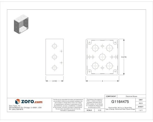 Alt view image 2 of 2 - RACO 235 Electrical Box, 30.3 cu in, Square Box Type, 2 Gangs, Galvanized