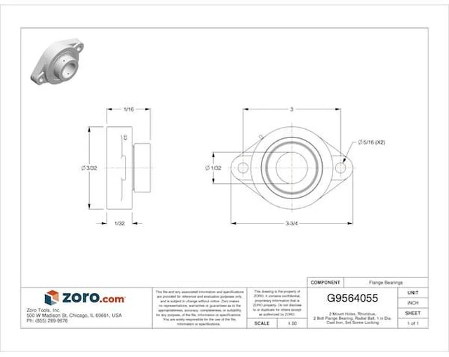 Alt view image 2 of 2 - TRITAN SBLF205-16G 2 Mount Holes, Rhombus, 2 Bolt Flange Bearing, Radial Ball,