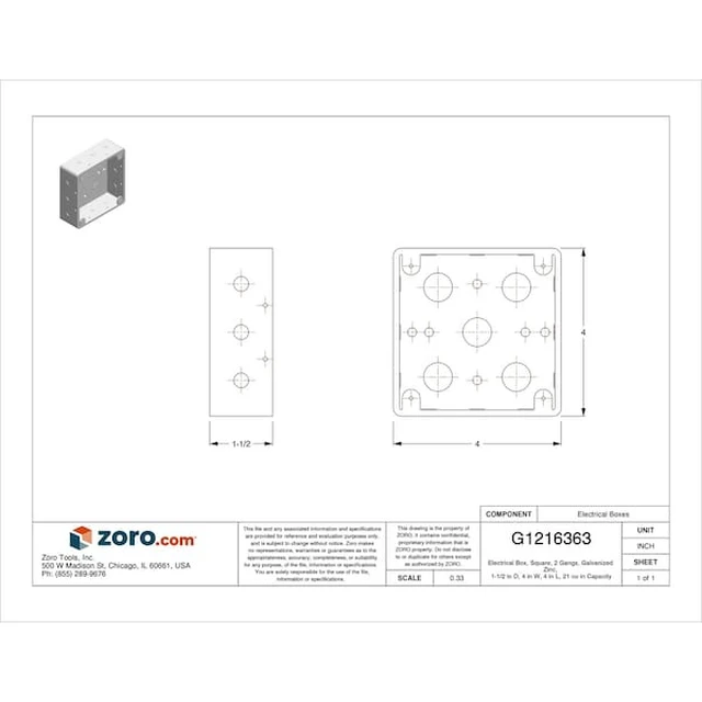 Alt view image 3 of 3 - RACO 190 Electrical Box, Square, 2 Gangs, Galvanized Zinc, 1-1/2 in D, 4 in W,