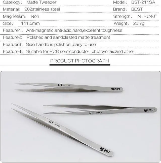 Alt view image 3 of 5 - 211SA Stainless Steel Eyebrow Tweezer False Eyelash Extension Auxiliary Repair Tools Hyperfine High Precision Anti Acid Tweezers