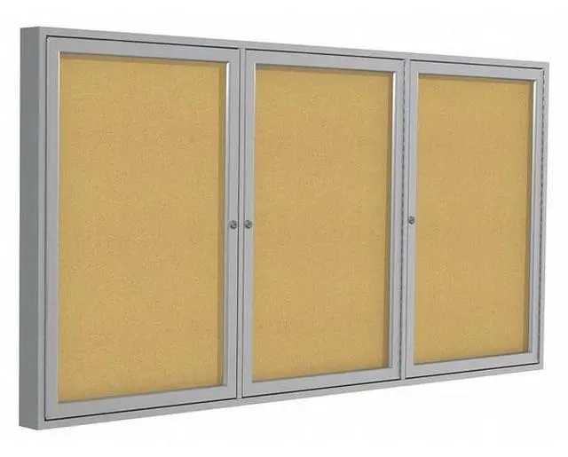 Main image of Ghent PA34896K  3 Door Enclosed Natural Cork Bulletin Board with Satin Frame - 96" x 48" - Tan Surface, Satin Aluminum Frame