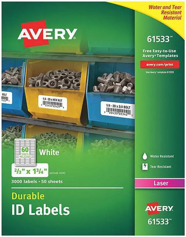 Alt view image 2 of 10 - Avery Durable ID Labels, TrueBlock Technology, Permanent Adhesive, 2/3" x 1-3/4", 3,000 Labels (61533)
