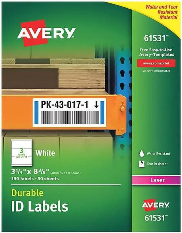 Alt view image 18 of 20 - Avery Durable ID Labels, TrueBlock Technology, Permanent Adhesive, 3-1/4" x 8-3/8", 150 Labels (61531)