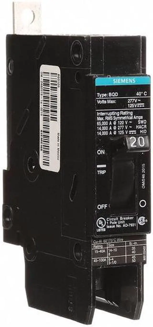 Alt view image 2 of 2 - SIEMENS BQD120 Miniature Circuit Breaker, BQD Series, 20A, 1 Pole, 277V AC,